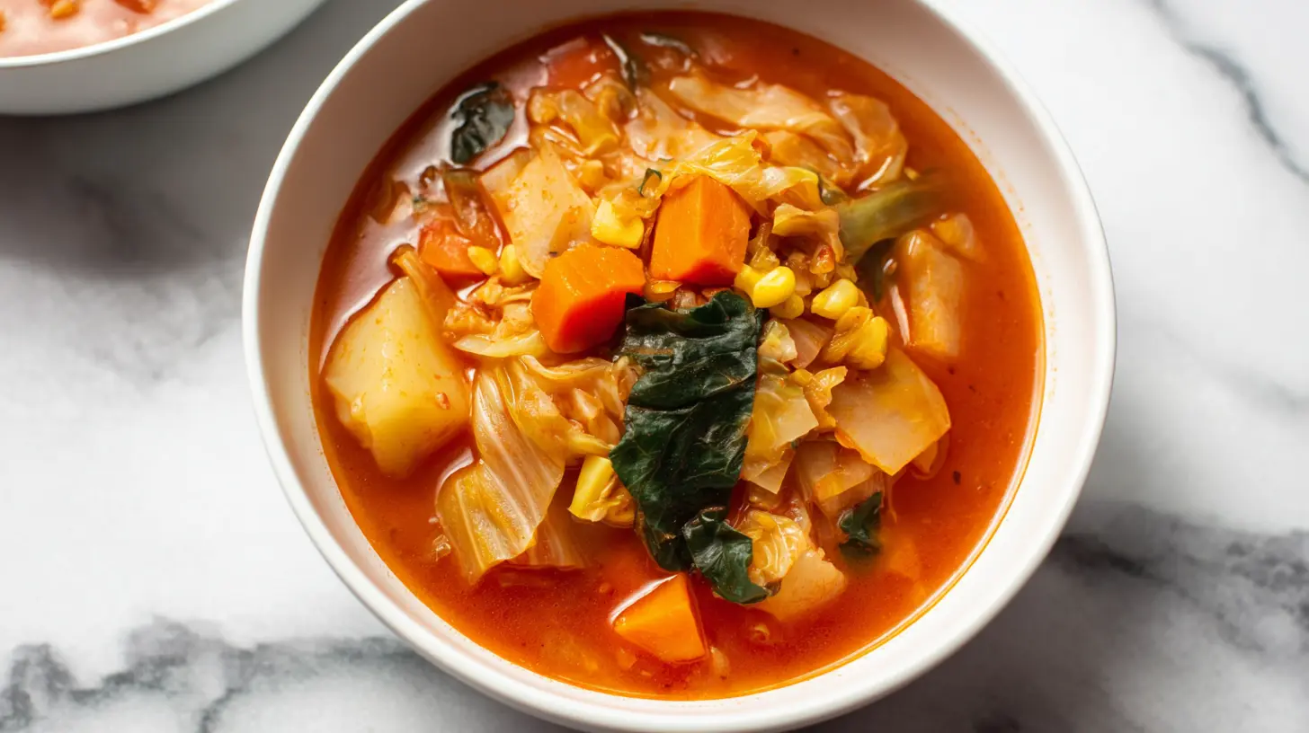 Vibrant bowl of homemade vegetable soup with cabbage, carrots, and potatoes on white marble.