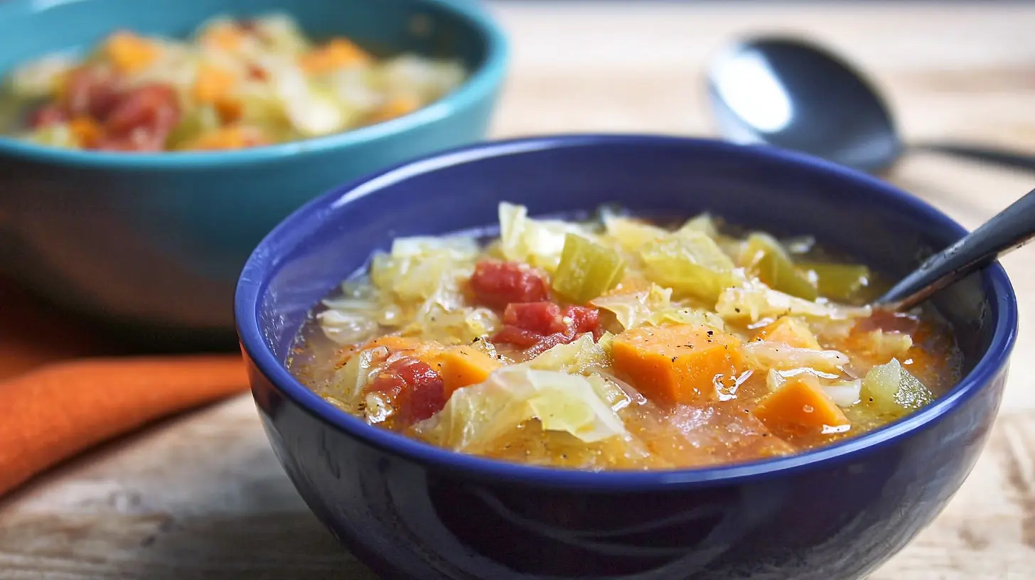 Two warm bowls of homemade Weight Loss Cabbage Soup with vegetables and a spoon on a wooden table.